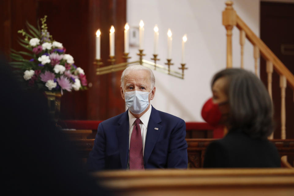 Democratic presidential candidate, former Vice President Joe Biden listens as clergy members and community activists speak during a visit to Bethel AME Church in Wilmington, Del., Monday, June 1, 2020. (AP Photo/Andrew Harnik)