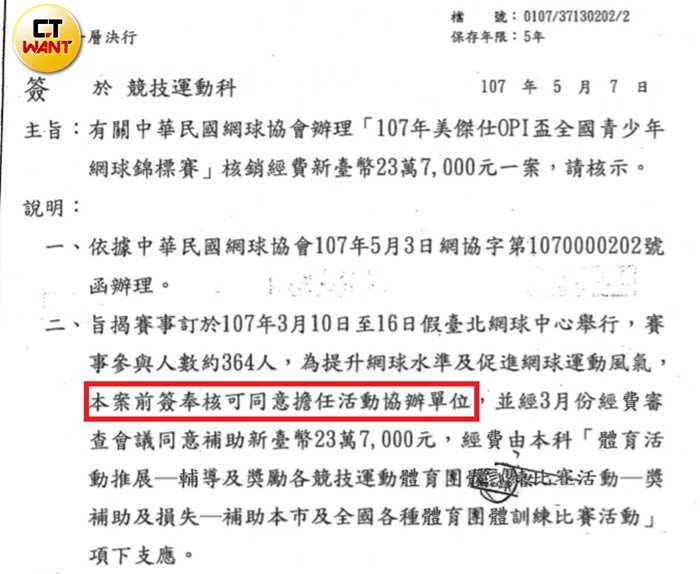 2018年5月7日台北市體育局發函網協，同意擔任網協已於3月16日比賽結束的美傑仕盃賽事的協辦單位及同意23萬7千元的補助。（圖／讀者提供）