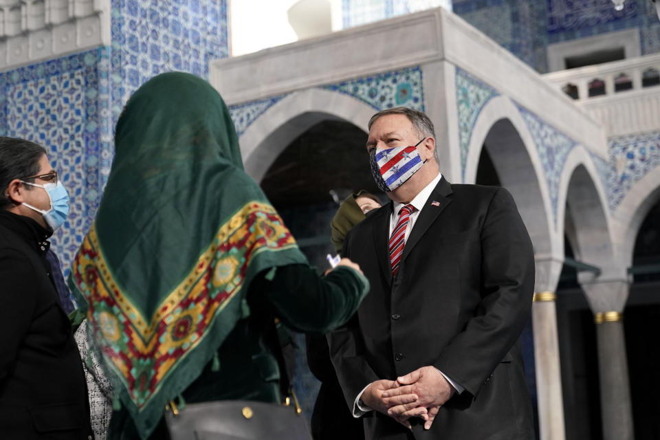 Secretary of State Mike Pompeo tours the Rustem Pasha Mosque in Istanbul, Tuesday, Nov. 17, 2020 Pompeo's stop in Turkey is focused on promoting religious freedom and fighting religious persecution, which is a key priority for the U.S. administration, officials said. (AP Photo/Patrick Semansky, Pool)