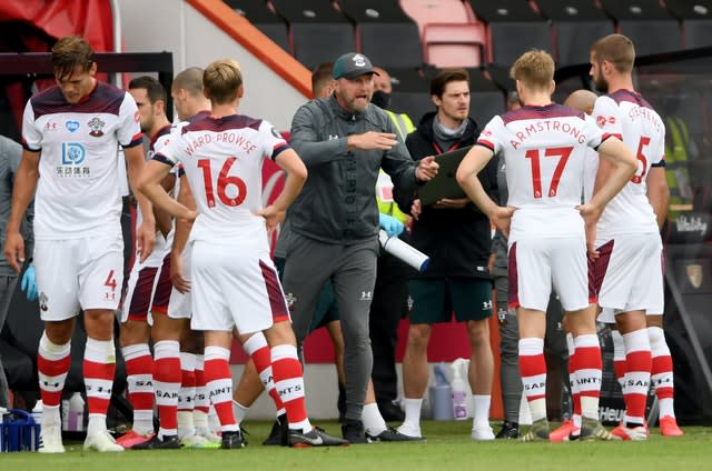 Ralph Hasenhuttl, centre, gives instructions to his Southampton side