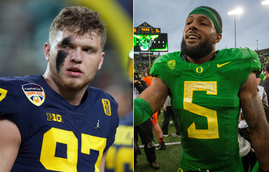 Michigan's Aidan Hutchinson (left) and Oregon's Kayvon Thibodeaux has each been projected as the No. 1 pick in the 2022 NFL draft.