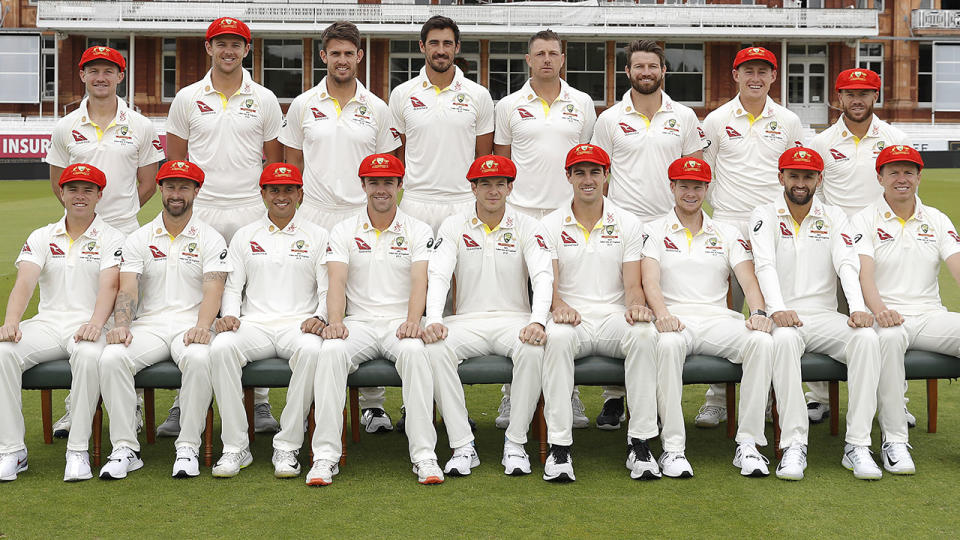 The Aussies pose in their Ruth Strauss Foundation Day red caps and shirts. (Photo by Ryan Pierse/Getty Images)