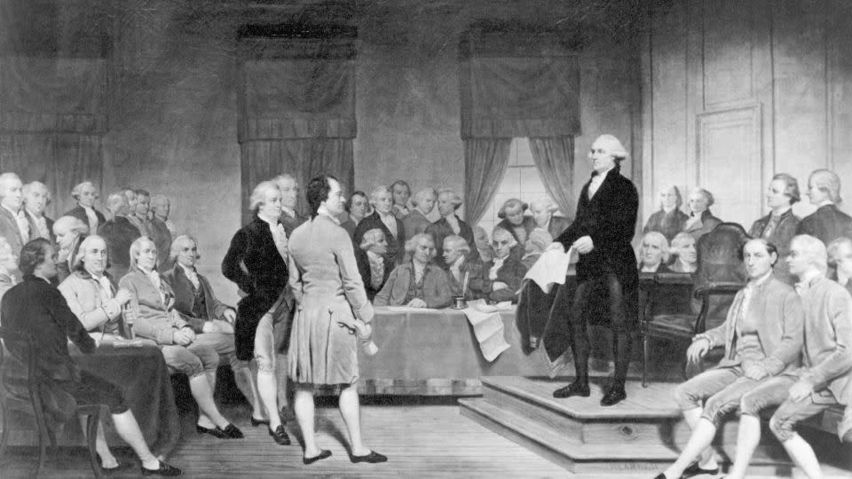 This illustration depicts the signing of the Constitution of the United States in 1787. - Bettmann Archive/Getty Images