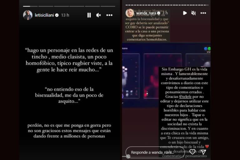La empresaria y la mediática apuntaron contra dos participantes (Foto Instagram @wanda_nara / @letisiciliani)