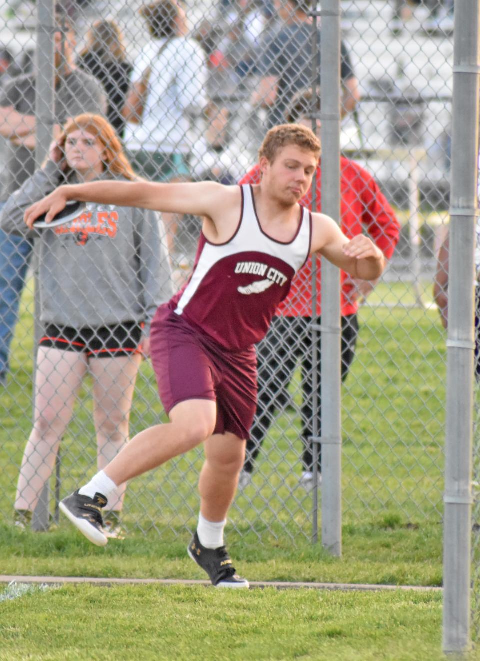 Union City senior Logan Cole swept the throwing events at Friday's John Greene Track Invitational held in Mendon