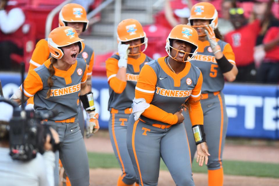 Lair Beautae (2) after hitting a grand slam for Tennessee softball vs Alabama in SEC Tournament semifinals on May 12, 2023 in Fayetteville, Arkansas