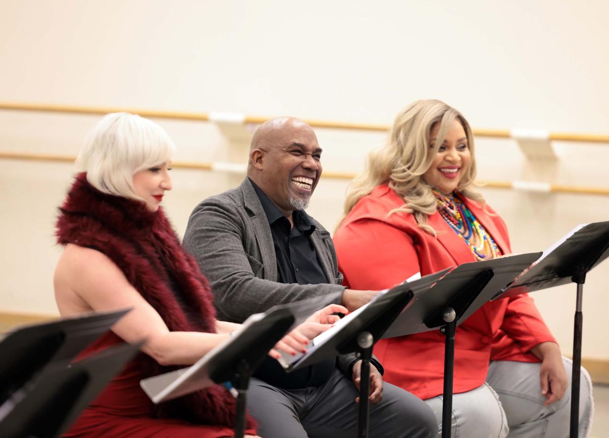 Performers Marcy Richardson, Eric McKeever and Erica Gabriel rehearse “A Magic Flute Experience: The Temple.”