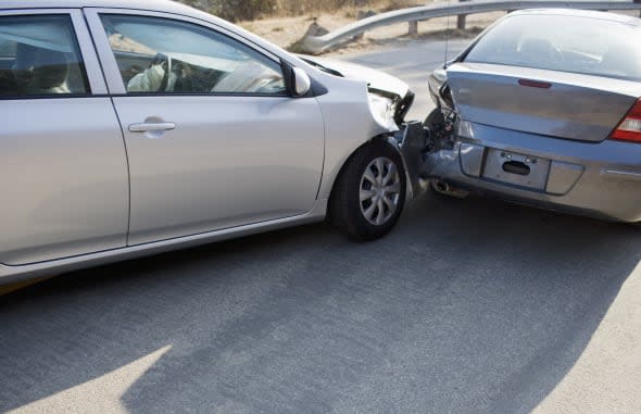 Two cars in collision on roadwayConquering Adversity, Problems, Road, Transportation, Horizontal, Outdoors, Crash, USA, Car, Da