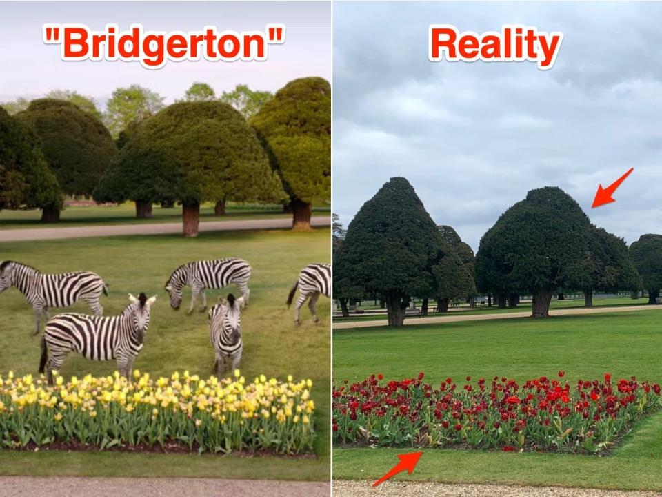 The Great Fountain Garden at Hampton Court Palace in "Bridgerton," and in reality.