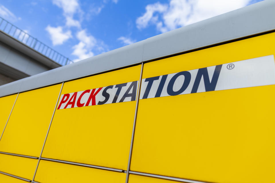 Nuremberg / Germany - April 7, 2019: DHL Packstation stands on a street in Nuremberg. Packstation means packing station.