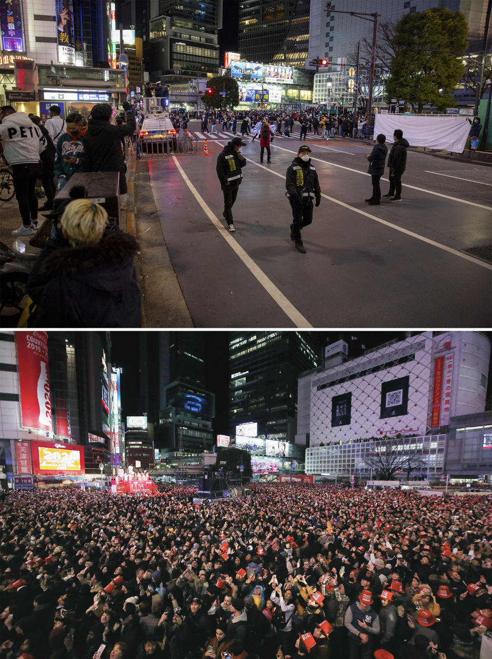 This combo image shows at top, police direct visitors around Shibuya crossing, a popular location for New Year's Eve gathering, Thursday, Dec. 31, 2020, in Tokyo, and below, people gather to welcome the arrival of the New Year at the crossing in Tokyo Jan. 1, 2020. Tokyo's downtown Shibuya district has canceled its annual countdown event at a popular "scramble Intersection" area outside of its main train station, and a "countdown vision" screen will be turned off at 11 p.m. (AP Photo/Kiichiro Sato and Shohei Miyano/Kyodo News via AP, File) .
