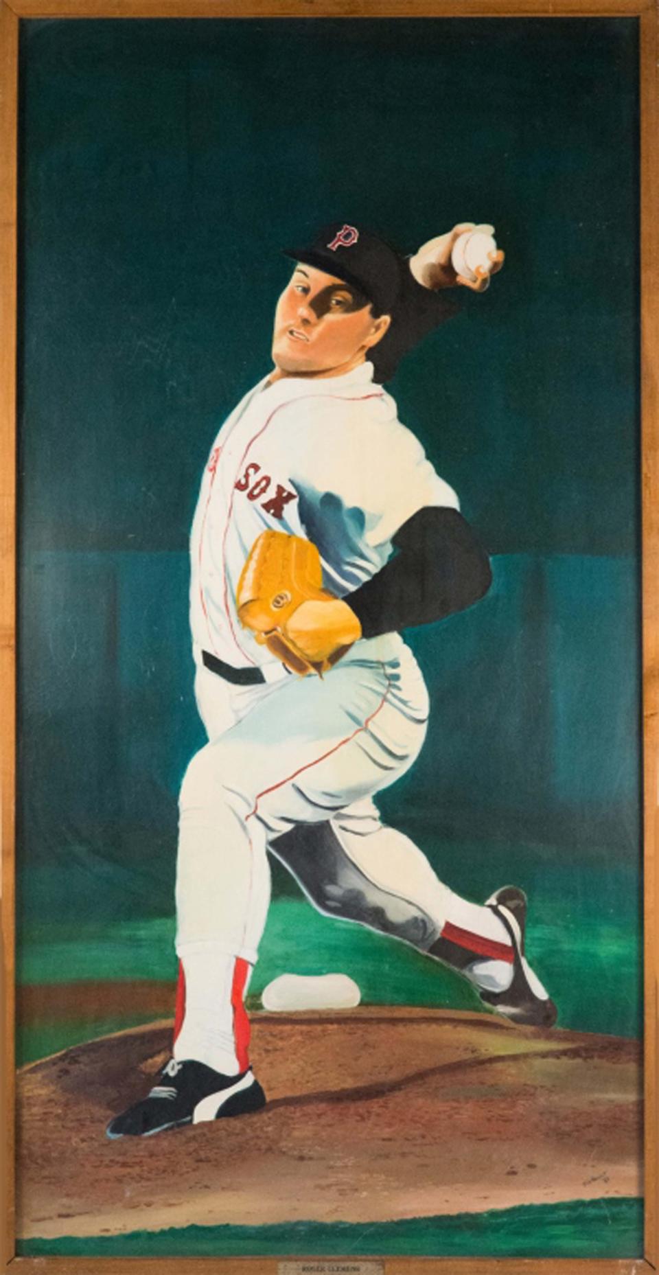 The hand-painted mural of former Boston Red Sox pitcher Roger Clemens, once displayed at McCoy Stadium, is among 42 murals that will be auctioned on March 18.