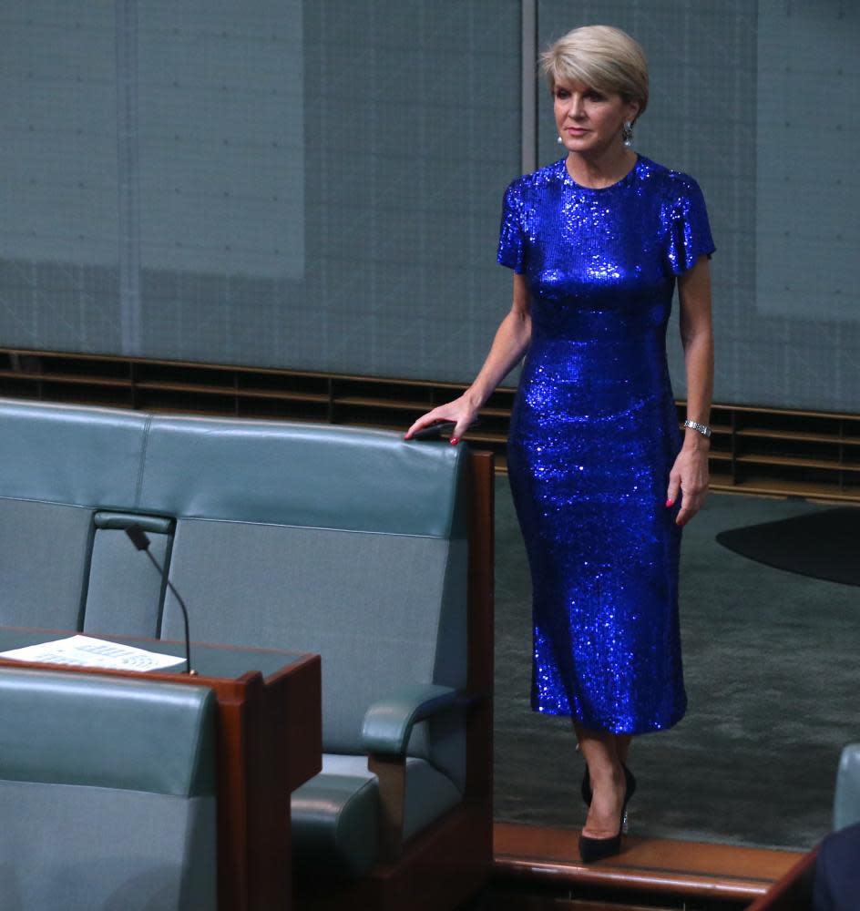 Julie Bishop, wearing a sequinned blue dress by Rachel Gilbert – a favoured designer of the former foreign minister – after Josh Frydenberg delivered the 2019 Budget in the house of representatives chamber of Parliament House, Canberra on 2 April 2019.