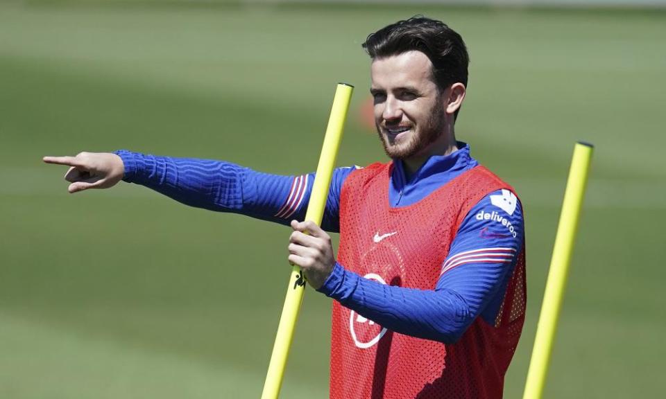 Ben Chilwell gesturing during training with England ahead of the start of Euro 2020