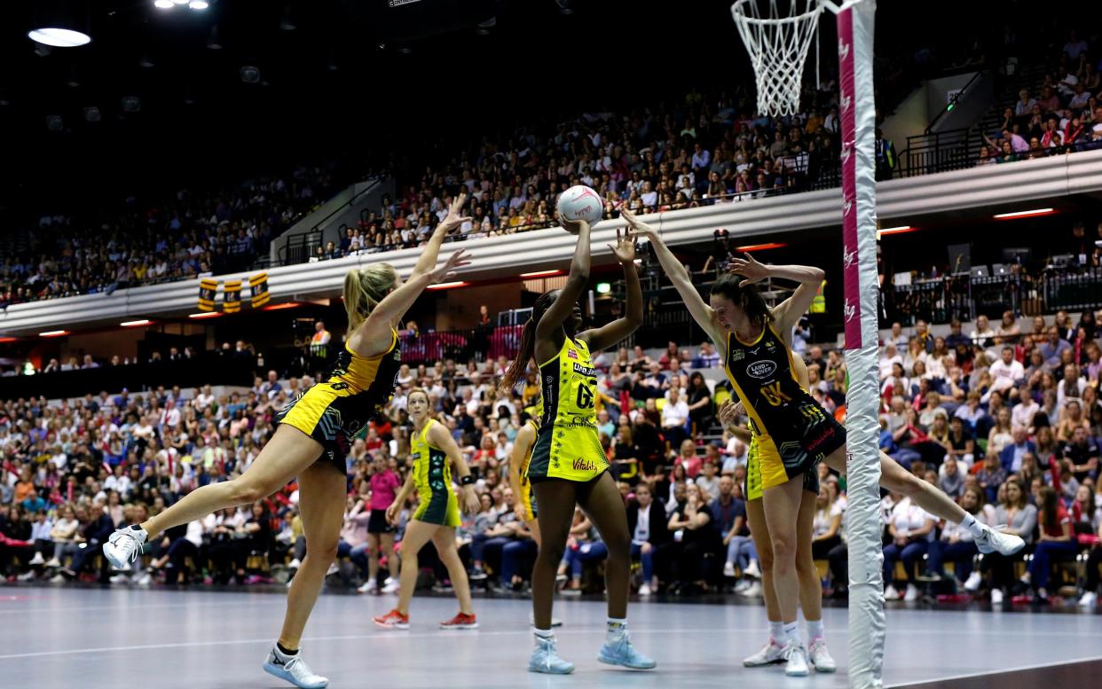 Joyce Mvula of Manchester Thunder in action during the Vitality Netball Superleague Grand Final match between Wasps Netball and Manchester Thunder - GETTY IMAGES