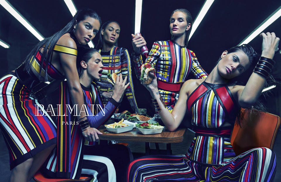 Girls just wanna have fun: Adriana Lima, Joan Smalls, Rosie Huntington-Whiteley, Isabeli Fontana, and Crista Cober for Balmain’s S/S 2015 campaign