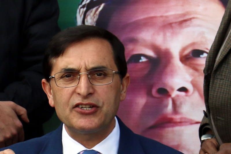 Gohar Ali Khan, chairman of the Pakistan Tehrik-e-Insaf (PTI) political party, talks to reporters in Islamabad on Saturday after the country's Election Commission began releasing the results of the this week's general elections. Photo by Sohail Shahzad/EPA-EFE