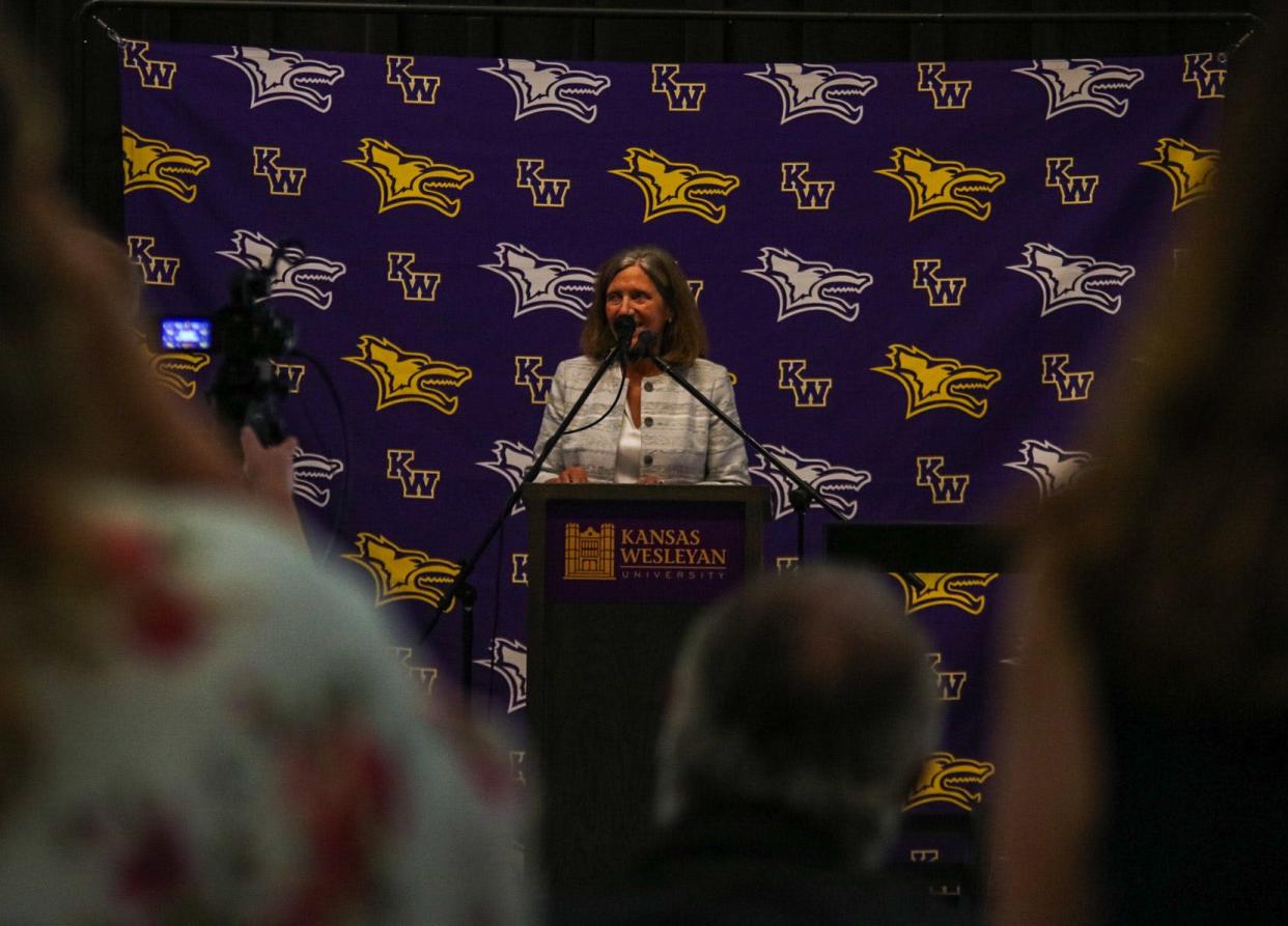 Mollie Hale Carter, executive chair of FirstSun and Sunflower Bank, gives remarks at Kansas Wesleyan University Aug. 2.