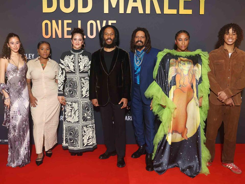 <p>Marc Piasecki/Getty </p> Judah Victoria Marley, Justice Marley, Orly Marley, Ziggy Marley, Rohan Marley, Zuri Marley and Gideon Marley attend the Paris Premiere of "Bob Marley: One Love" on February 01, 2024, in Paris, France. 