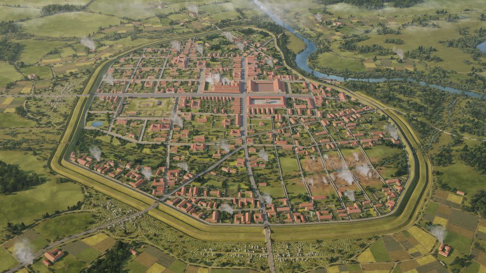 An illustration shows a reconstruction of Wroxeter in its heyday in 200 AD. - Illustration/JR. Casals/Historic England/English Heritage Trust