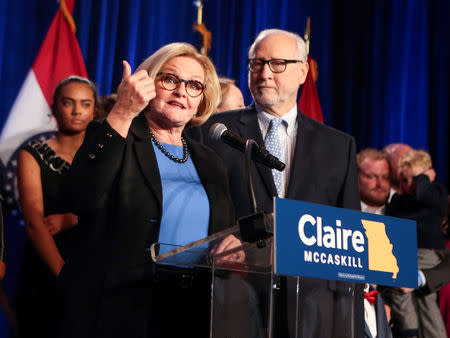 Democratic U.S. Senator Claire McCaskill addresses her supporters at her midterm election night party in St. Louis, Missouri, U.S. November 6, 2018. McCaskill conceded the election to Republican Josh Hawley. REUTERS/Sarah Conard