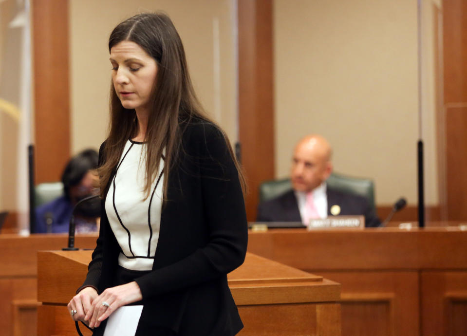 Image: Ann Marie Timmerman after giving her statement during a hearing in Austin on March 30, 2021. (Elizabeth Conley / Houston Chronicle)