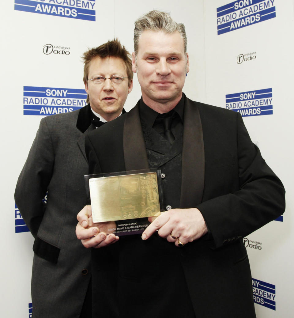 Mark Kermode (front) and Simon Mayo with their Speech Award, at Grosvenor House in central London.   (Photo by Yui Mok - PA Images/PA Images via Getty Images)
