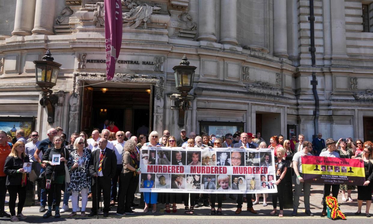 <span>Victims and campaigners outside Central Hall in Westminster, London on Tuesday after the publication of the report.</span><span>Photograph: Jeff Moore/PA</span>