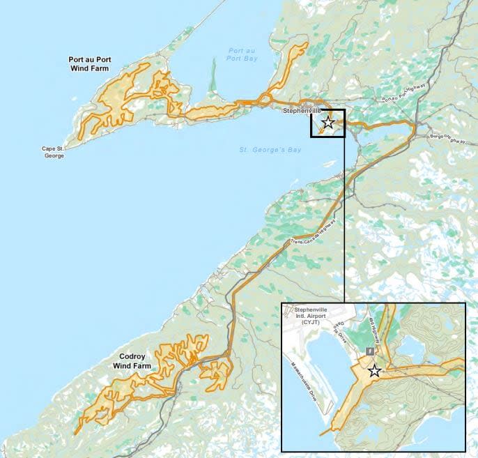 This World Energy GH2 map shows the proposed scope of the company's wind farm project on the west coast of Newfoundland. 