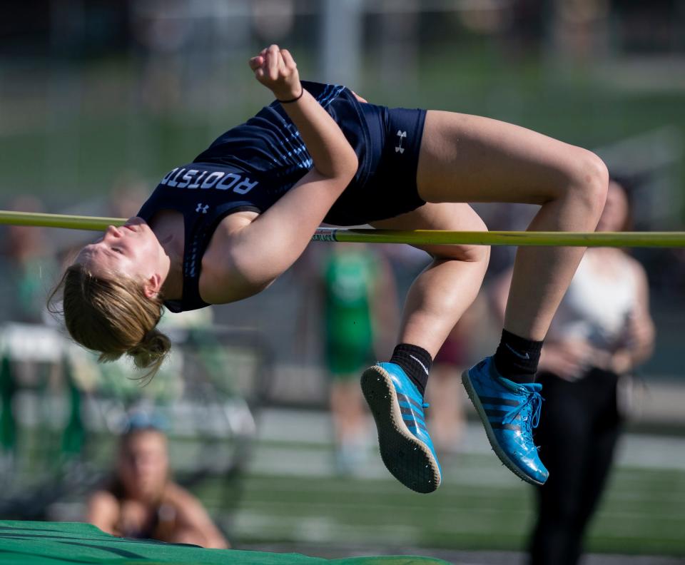 Rootstown's Aubrey Kline competes in the high jump during the Portage Trail Conference Championships on Friday at Mogadore High School.