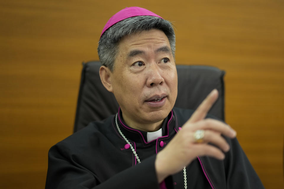 Shangai Bishop Joseph Shen Bin speaks at the international conference to celebrate "100 years since the Concilium Sinense: between history and the present" celebrating the First Council of the Catholic Church in China, organized by the Pontifical Urbaniana University, in Rome, Tuesday, May 21, 2024. (AP Photo/Andrew Medichini)