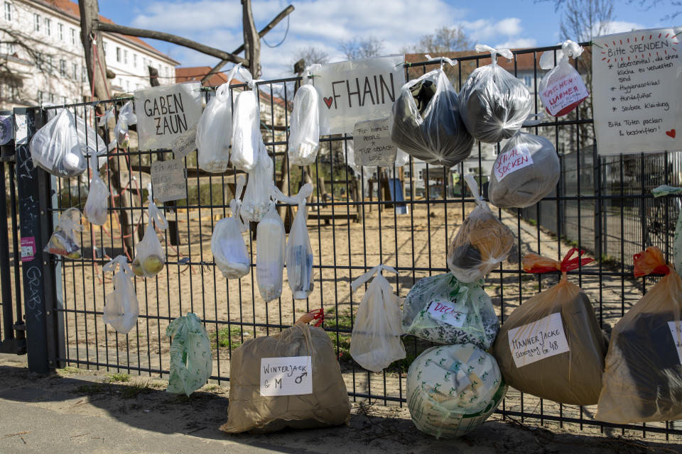 BERLIN, GERMANY - MARCH 21: Bags with clothes and food are placed in a park in Friedrichshain neighborhood for the homeless on March 21, 2020 in Berlin, Germany. Everyday life in Germany has become fundamentally altered as authorities tighten measures to stem the spread of the coronavirus. State governments across Germany tightened restrictions on movement in an effort to stop the spread of COVID-19. Authorities have indicated peoples' behavior Saturday will be key in determining further lockdown measures. Public venues such as bars, clubs, museums, cinemas, schools, daycare centers and universities have already closed. Many businesses are resorting to home office work for their employees. And travel across the border to most neighboring countries is severely restricted.  (Photo by Maja Hitij/Getty Images)