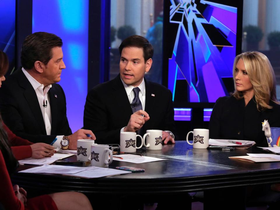 Co-hosts Kimberly Guilfoyle, left, Julie Roginsky, Eric Bolling, and Dana Perino, right, interview U.S. Sen. Marco Rubio, R-Fla.,, during his appearance on "The Five" television program, on the Fox News Channel, in New York, Monday, March 30, 2015.