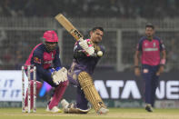 Kolkata Knight Riders' Sunil Narine plays a shot during the Indian Premier League cricket match between Kolkata Knight Riders and Rajasthan Royals in Kolkata, India, Tuesday, April 16, 2024. (AP Photo/Bikas Das)