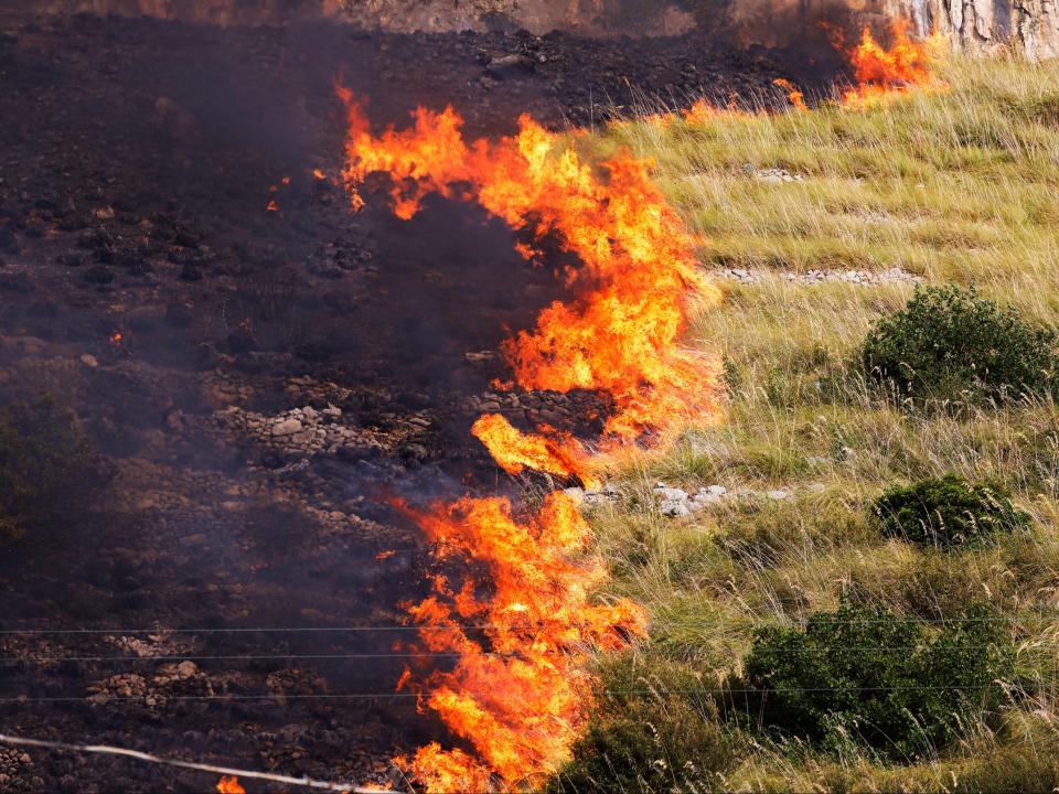 Flames burn a field in Capaci, near Palermo in Sicily (AP)