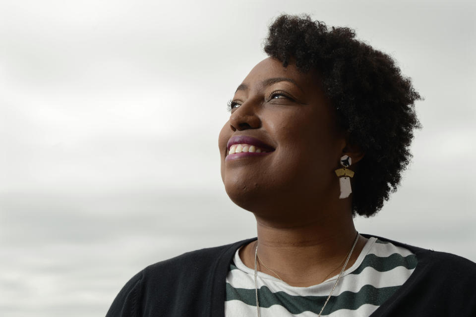 Jennifer-Ruth Green, the Republican candidate for Indiana's 1st Congressional District and an U.S. Air Force veteran, poses for a photo Thursday, Oct. 20, 2022, in Gary, Ind. (AP Photo/Paul Beaty)