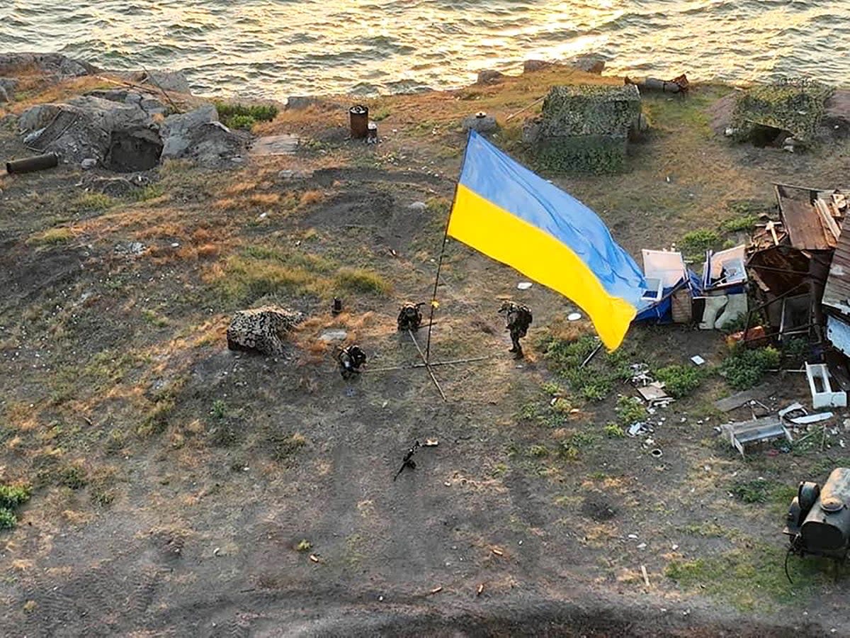 Ukrainian flag set on Bile village on Snake Island (Ukraine’s border guard service/AFP/Getty)
