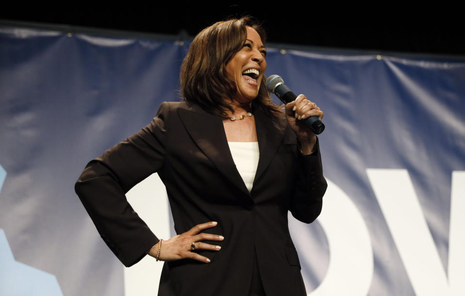 Democratic presidential candidate Kamala Harris speaks during the Iowa Democratic Party's Hall of Fame Celebration, Sunday, June 9, 2019, in Cedar Rapids, Iowa. (AP Photo/Charlie Neibergall)