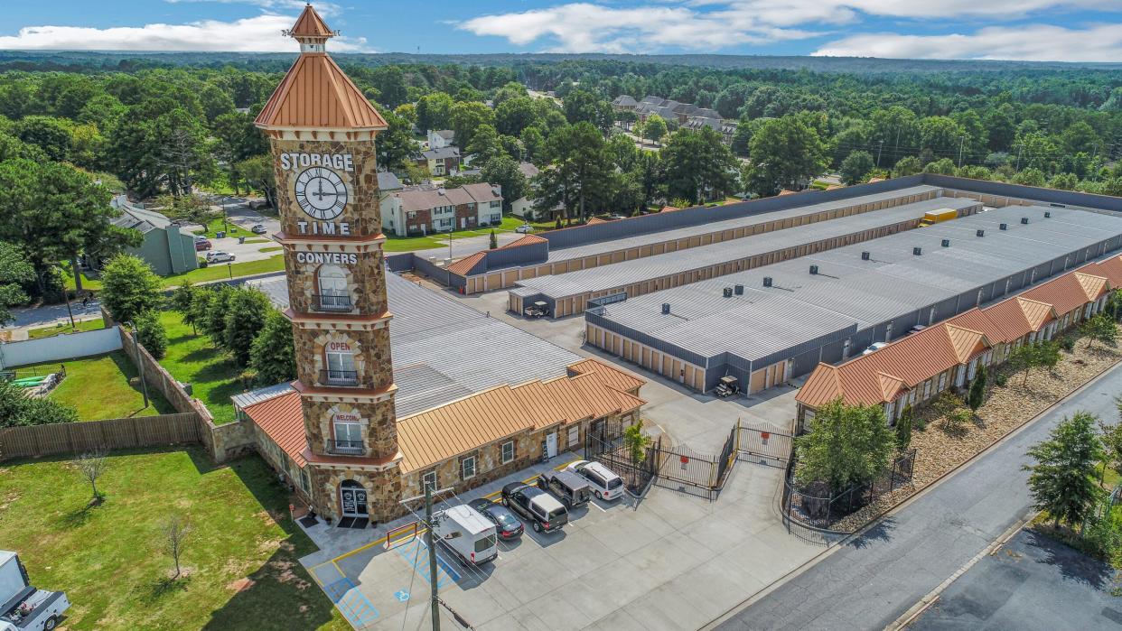 An aerial view of Storage Time Conyers shows its 100-foot clock tower that helps advertise the self-storage facility. Developers who originally wanted to put a similar tower in Martinez are back with an alternative.