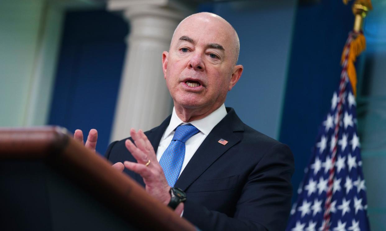 <span>Alejandro Mayorkas speaks during a briefing at the White House on 11 May 2023.</span><span>Photograph: Evan Vucci/AP</span>