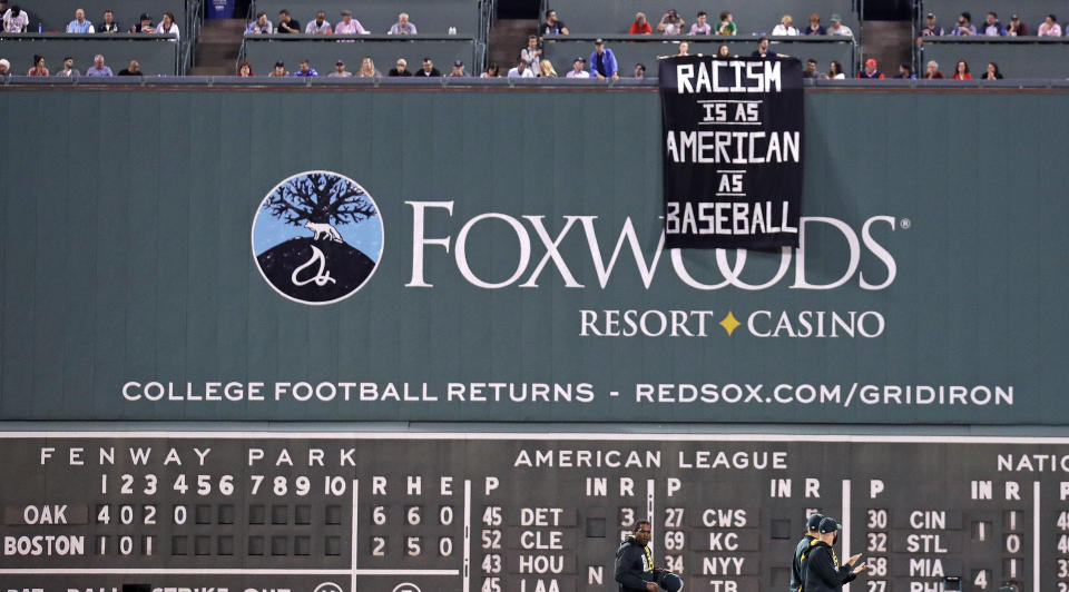 Protestors unfurled a sign at a Red Sox game last week that read, 