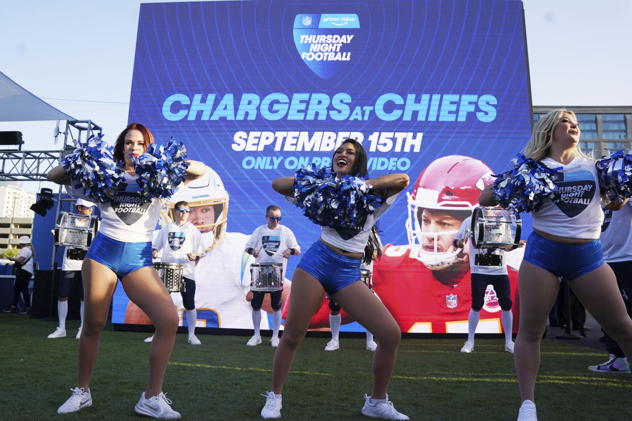IMAGE DISTRIBUTED FOR AMAZON PRIME VIDEO - Thursday Night Hype Team during the announcement of the first Thursday Night Football on Prime Video matchup featuring the San Diego Chargers at Kansas City Chiefs at the 2022 NFL Draft on Thursday, April 28, 2022 in Las Vegas. (Vera Nieuwenhuis/AP Images for Amazon Prime Video)