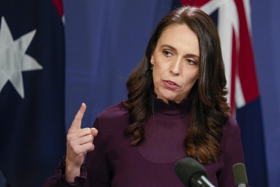 New Zealand Prime Minister Jacinda Ardern, reacts during a joint press conference with Australian Prime Minister Anthony Albanese in Sydney, Australia, Friday, June 10, 2022. Ardern is on a two-day visit to Australia. (AP Photo/Mark Baker)