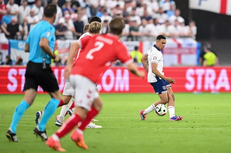 Trent Alexander-Arnold controls the ball during the UEFA Euro 2024 Group C football match between Denmark and England at the Frankfurt Arena in Frankfurt am Main on June 20, 2024.