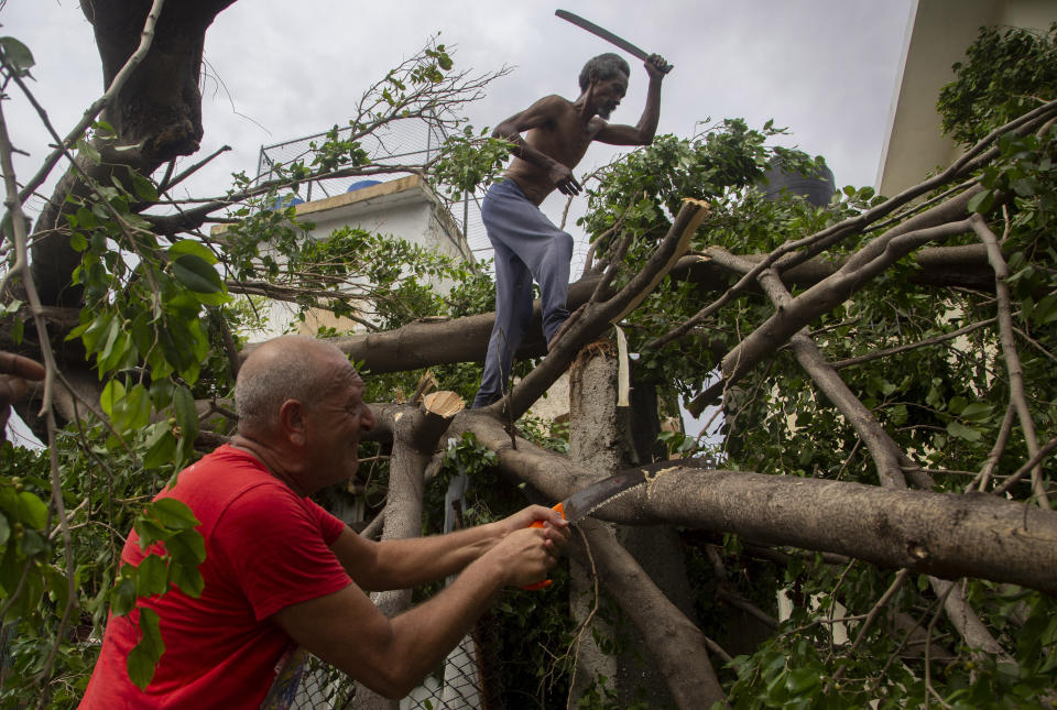 Residents cut away tree branches felled by Hurricane Ian in Havana, Cuba, Wednesday, Sept. 28, 2022. Cuba remained in the dark early Wednesday after Ian knocked out its power grid and devastated some of the country's most important tobacco farms when it hit the island's western tip as a major storm. (AP Photo/Ismael Francisco)