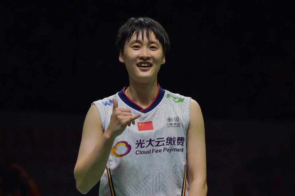 China's Chen Yufei reacts following winning the semi-final of womens single between China's Chen Yufei and her teammate He Bingjiao at Daihatsu Indonesia Masters 2022 at the Istora Senayan sports stadium in Jakarta, Indonesia on June 11, 2022. (Photo by Veri Sanovri/Xinhua via Getty Images)