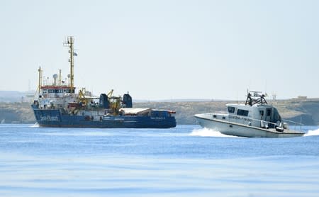 The migrant search and rescue ship Sea-Watch 3 carrying stranded migrants, sails near the island of Lampedusa