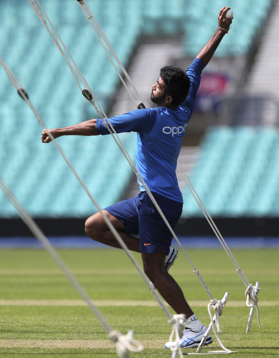 India's Jasprit Bumrah bowls in the nets during a training session at The Oval in London, Thursday, May 23, 2019. The Cricket World Cup starts on Thursday May 30. (AP Photo/Aijaz Rahi)