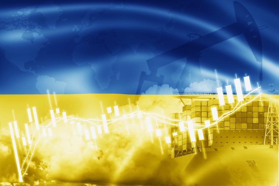 <span class="caption">Uncertainty around Russia’s invasion of Ukraine has caused the price of commodities to increase.</span> <span class="attribution"><a class="link " href="https://www.gettyimages.com.au/detail/photo/ukraine-flag-stock-market-exchange-economy-and-royalty-free-image/1160497901?adppopup=true" rel="nofollow noopener" target="_blank" data-ylk="slk:Getty Images;elm:context_link;itc:0;sec:content-canvas">Getty Images</a></span>
