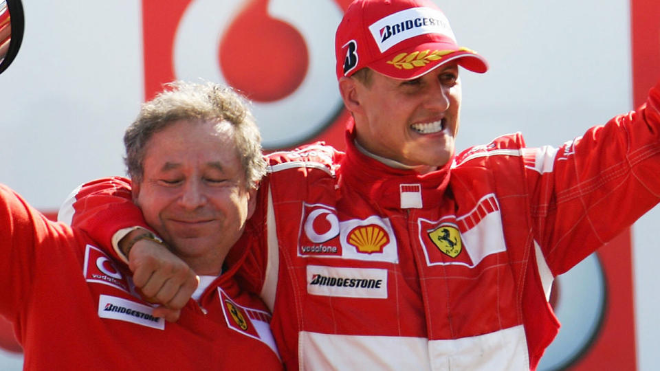 Michael Schumacher with Jean Todt at the Italian Grand Prix in 2006.  (Photo by Vladimir Rys/Bongarts/Getty Images)